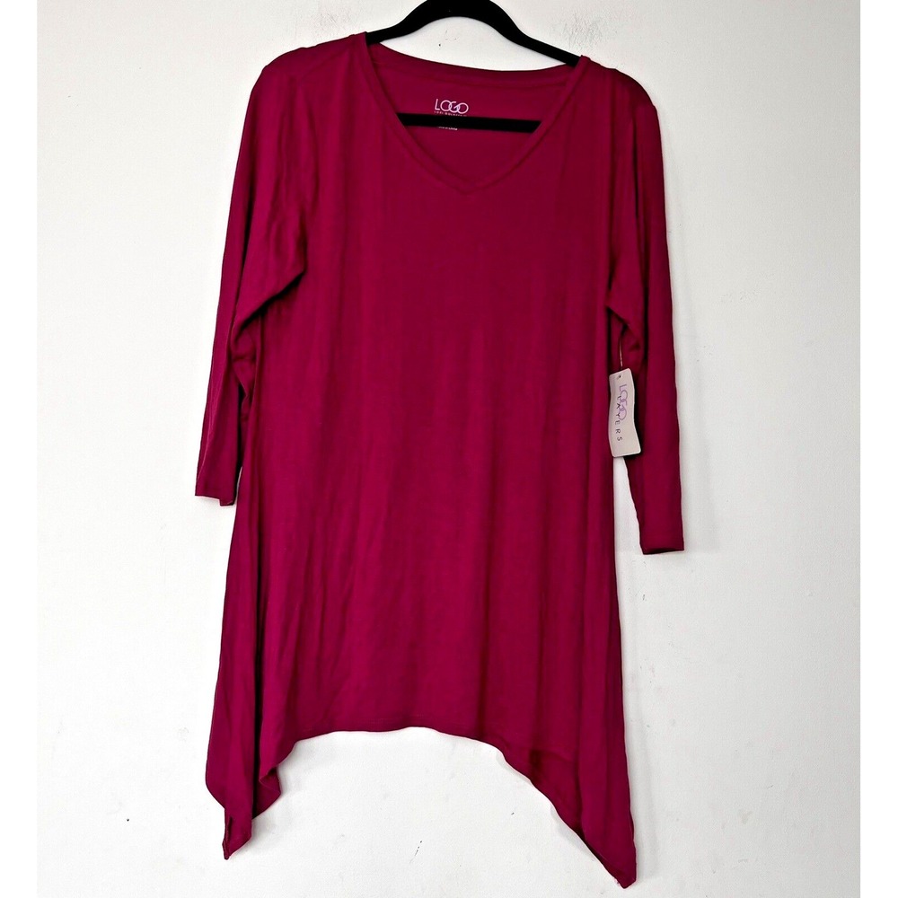 LOGO by Lori Goldstein V Neck Tunic Top Burgundy Asymmetrical Hem Size Medium - Picture 1 of 10